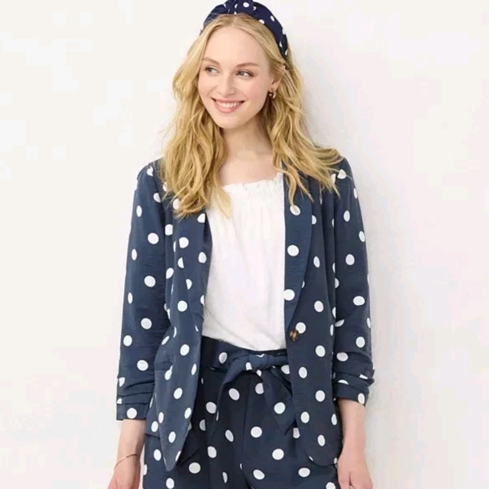 NWT LC Lauren Conrad Ruched Sleeve Blazer Shawl Collar Blue & White Polka Dot S